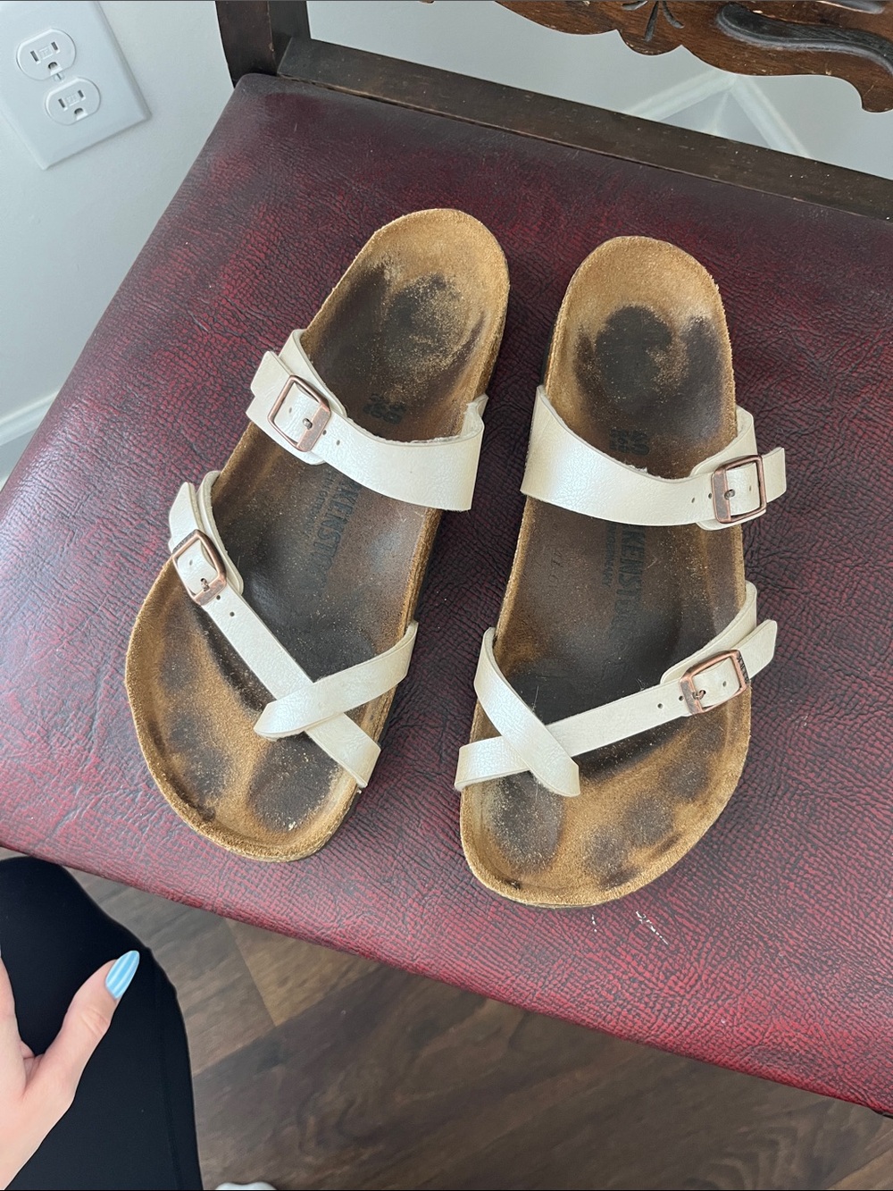Birkenstock Cream Two-Strap Buckle Slide Sandals